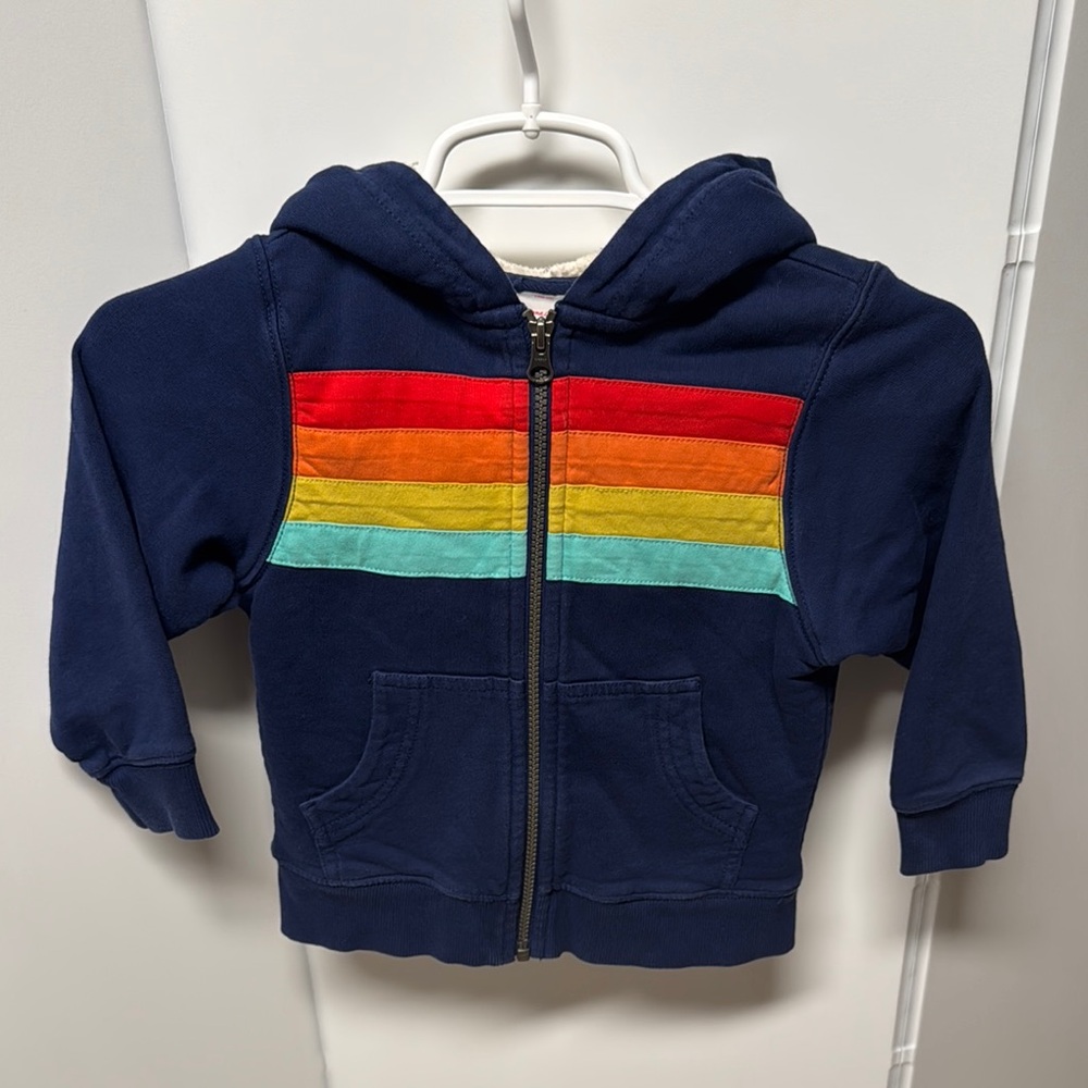 Hanna Andersson Faux Shearling Navy Zip Up Hoodie with Rainbow Stripes